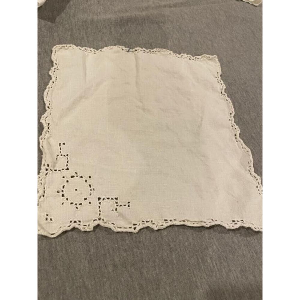 Vintage Crocheted Edge Linen Handkerchief with Cutouts